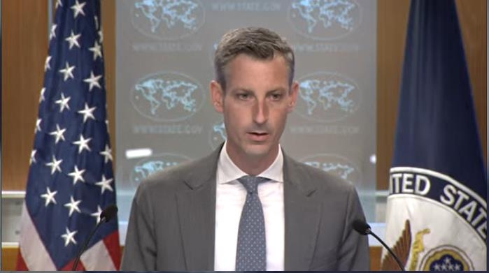 Department of State Press Secretary Ned Price is seen answering questions during a press briefing in Washington on Aug. 17, 2022 in this image captured from the department's website. (Yonhap)