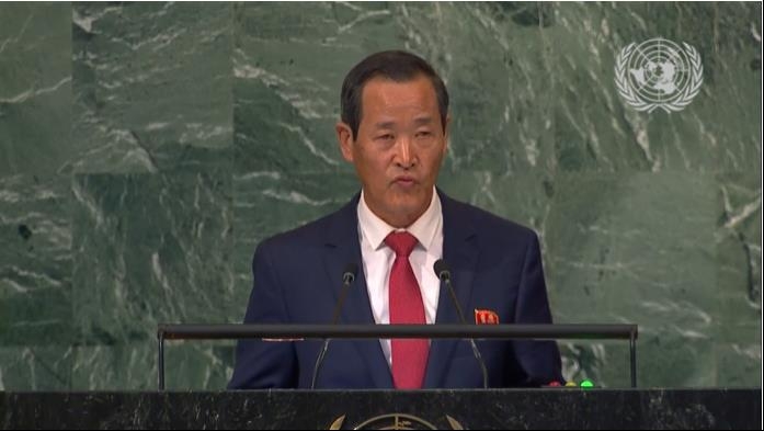 Kim Song, head of the North Korean mission to the United Nations, is seen addressing the U.N. General Assembly in New York on Sept. 26, 2022 in this image captured from the website of the world body. (PHOTO NOT FOR SALE) (Yonhap)