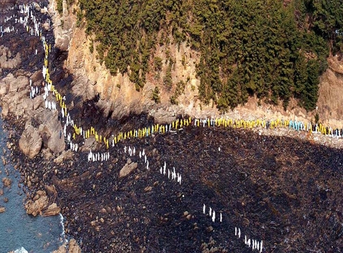 This photo provided by the Cultural Heritage Administration on Nov. 26, 2022, shows volunteers working to recover from a massive oil spill off Taean in 2007. (PHOTO NOT FOR SALE) (Yonhap) 