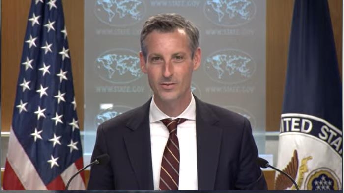 State Department Press Secretary Ned Price is seen speaking during a daily press briefing at the department in Washington on Jan. 12, 2023 in this captured image. (Yonhap)