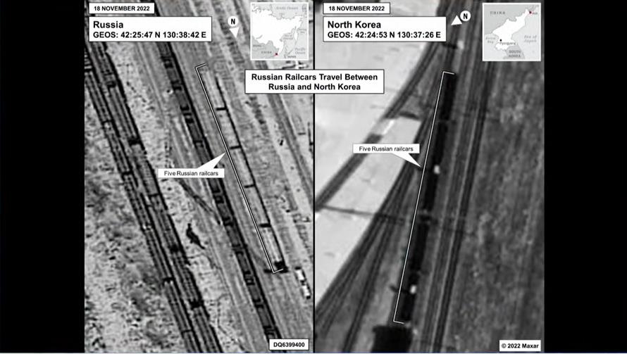 The captured image shows a photo released by National Security Council coordinator for strategic communications John Kirby at a White House press briefing in Washington on Jan. 20, 2023 that shows a set of Russian railcars traveling between Russia and North Korea on Nov. 18-Nov. 19, 2022 for a suspected delivery of North Korean military equipment to Russia's private military company, the Wagner Group. (Yonhap)