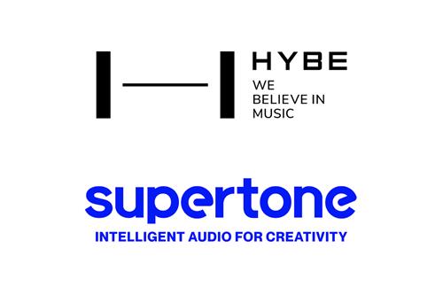 The logos of K-pop entertainment agency Hybe Co. (top) and Supertone, an artificial intelligence sound startup, are seen in this image provided by Hybe. (PHOTO NOT FOR SALE) (Yonhap)