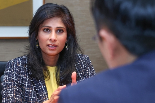 IMF Deputy Managing Director Gita Gopinath speaks during an interview with Yonhap News Agency in Seoul on Jan. 31, 2023. (Yonhap)