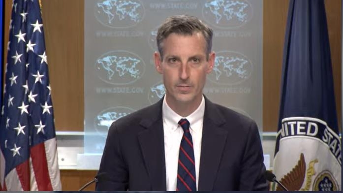 State Department Press Secretary Ned Price is seen speaking during a daily press briefing at the department in Washington on Feb. 6, 2023 in this captured image. (Yonhap)