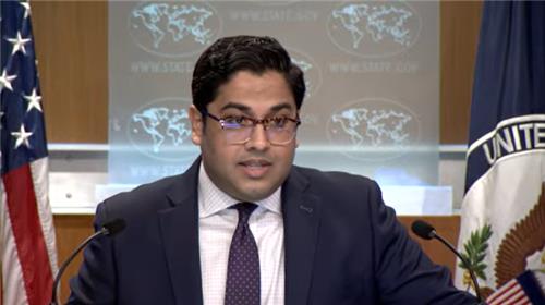 Vedant Patel, deputy spokesperson for the Department of State, is seen speaking during a daily press briefing at the department in Washington on May 17, 2023 in this captured image. (Yonhap)
