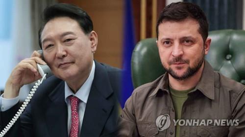 This compilation photo provided by Yonhap News TV shows South Korean President Yoon Suk Yeol (L) and Ukrainian President Volodymyr Zelenskyy. (PHOTO NOT FOR SALE) (Yonhap)