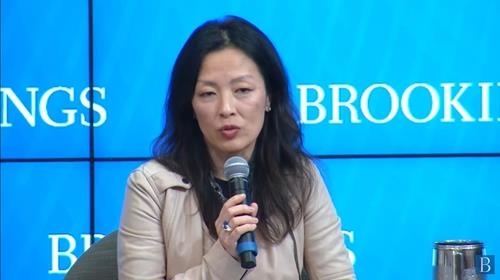 Jung Pak, assistant secretary of state and deputy special representative for the Democratic People's Republic of Korea, is seen speaking during a seminar hosted by the Brookings Institution in Washington on April 14, 2023 in this captured image. (Yonhap)