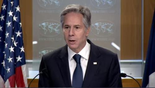 U.S. Secretary of State Antony Blinken is seen speaking during a press briefing at the department in Washington on Aug. 15, 2023 in this captured image. (Yonhap)