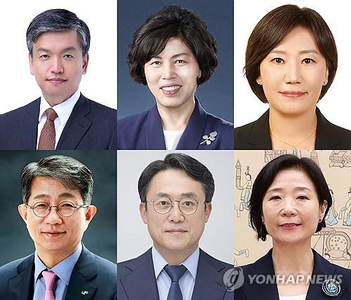 This compilation image, provided by the presidential office, shows (from top L, clockwise) finance minister nominee Choi Sang-mok; veterans minister nominee Kang Jung-ai; agriculture minister nominee Song Mi-ryung; SMEs minister nominee Oh Young-ju; oceans minister nominee Kang Do-hyung; and land minister nominee Park Sang-woo. (PHOTO NOT FOR SALE) (Yonhap)