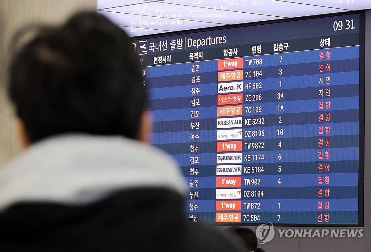 Nearly 350 flights at Jeju airport canceled on snow, winds Yonhap