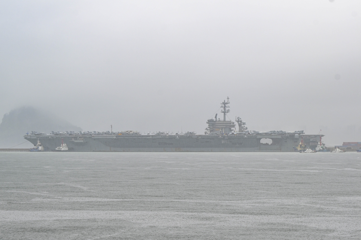 The nuclear-powered aircraft carrier USS Theodore Roosevelt arrives at a naval base in the southeastern port city of Busan on June 22, 2024, in this photo provided by the Navy. (PHOTO NOT FOR SALE) (Yonhap)