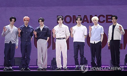 In this file photo, K-pop boy group Enhypen poses for a photo during a media showcase in Seoul on July 11, 2024, for its second full-length album, "Romance: Untold." The album was released the following day. (Yonhap)