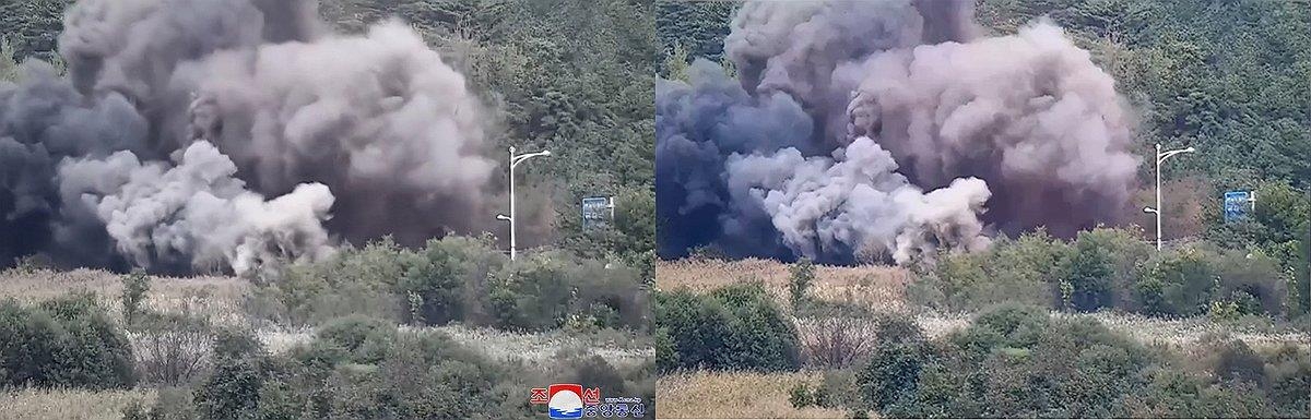 Esta fotografía combinada muestra una fotografía publicada por la Agencia Central de Noticias de Corea que muestra ferrocarriles y carreteras explotados (L) y una fotografía capturada de las imágenes compartidas por el Estado Mayor Conjunto de Corea del Sur. (FOTO NO EN VENTA) (Yonhap)