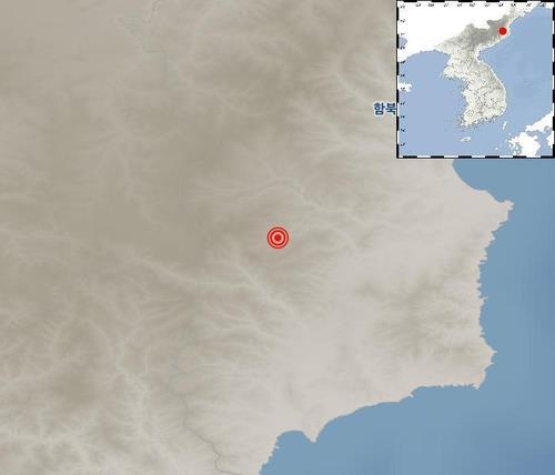 El punto rojo en el mapa muestra el área donde ocurrió un terremoto natural cerca de Kilju en el noreste de Corea del Norte el 2 de noviembre de 2024, en esta imagen proporcionada por la Administración Meteorológica de Corea. (FOTO NO EN VENTA) (Yonhap)