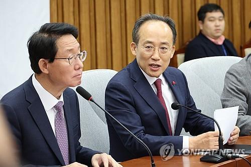 El líder del Partido del Poder Popular, Choo Kyung-ho, habla durante una reunión del partido el 29 de noviembre de 2024. (Yonhap)