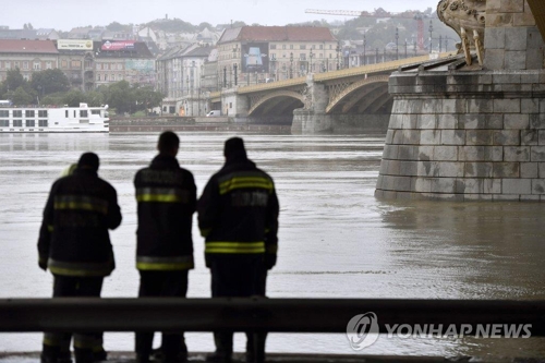 Des secouristes regardent le Danube où a coulé le bateau transportant les Sud-Coréens. 