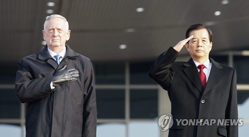 マティス米国防長官（左）と韓国防部長官＝（聯合ニュース）
