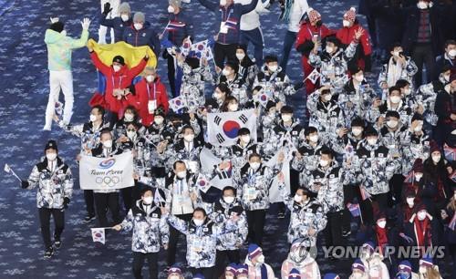 閉会式で入場する韓国選手団＝２０日、北京（聯合ニュース）