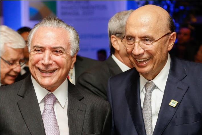 테메르 대통령(왼쪽)과 엔히키 메이렐리스 재무장관[브라질 일간지 에스타두 지 상파울루]