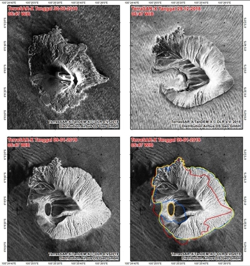 2019년 1월 13일 인도네시아 국가재난방지청(BNPB)의 수토포 푸르워 누그로호 대변인이 공개한 아낙 크라카타우 화산의 위성영상. 붕괴 1주일 뒤인 2018년 12월 29일(우측 상단)까지만 해도 바다에 잠겨 있던 지역에 2019년 1월 9일 새로운 땅이 형성된 모습을 확인할 수 있다. [수토포 푸르워 누그로호 대변인 트위터 캡처=연합뉴스]