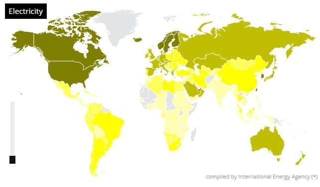 국가별 1인당 전기사용량 분포도(진할수록 사용량 높음)