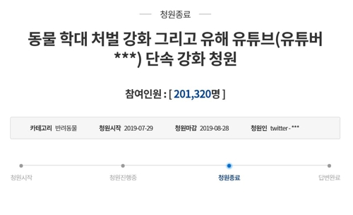 '반려견 학대한 유튜버 강력 처벌' 청와대 청원[청와대 청원게시판 캡처]