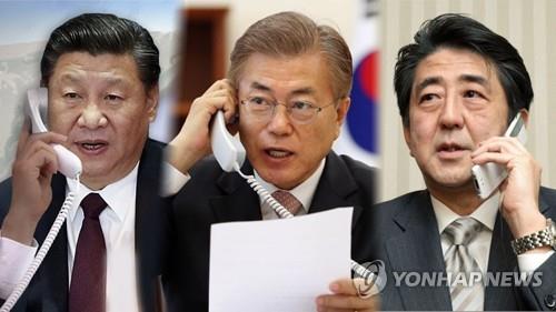 시진핑 중국 국가주석(왼쪽부터)ㆍ문재인 대통령ㆍ아베 신조 일본 총리 (CG)