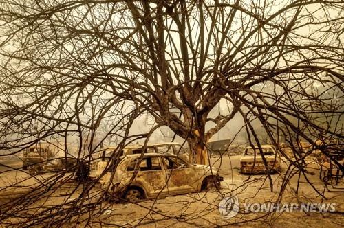 19일(현지시간) 미 캘리포니아주 배커빌에서 대형 산불 'LNU 번개 복합 파이어'로 불에 탄 자동차들이 곳곳에 남아 있다. [AP=연합뉴스]