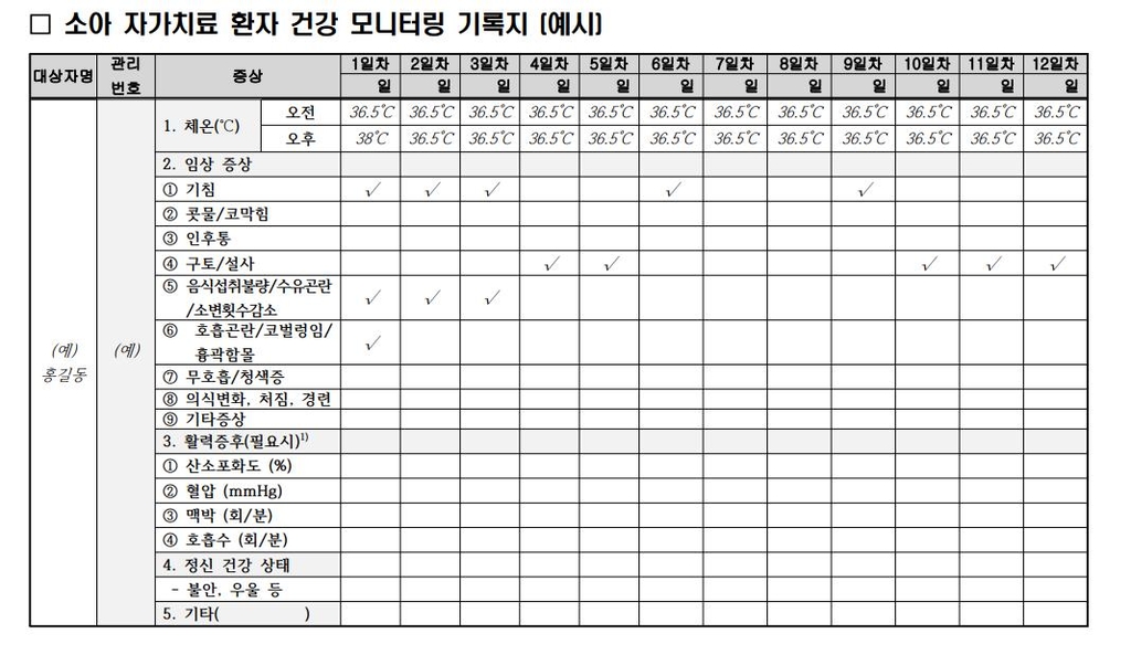 소아 자가치료 환자 건강 모니터링 기록지 예시