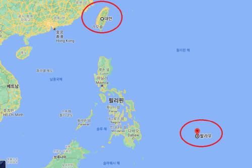 대만(위쪽 빨간색 원)과 팔라우