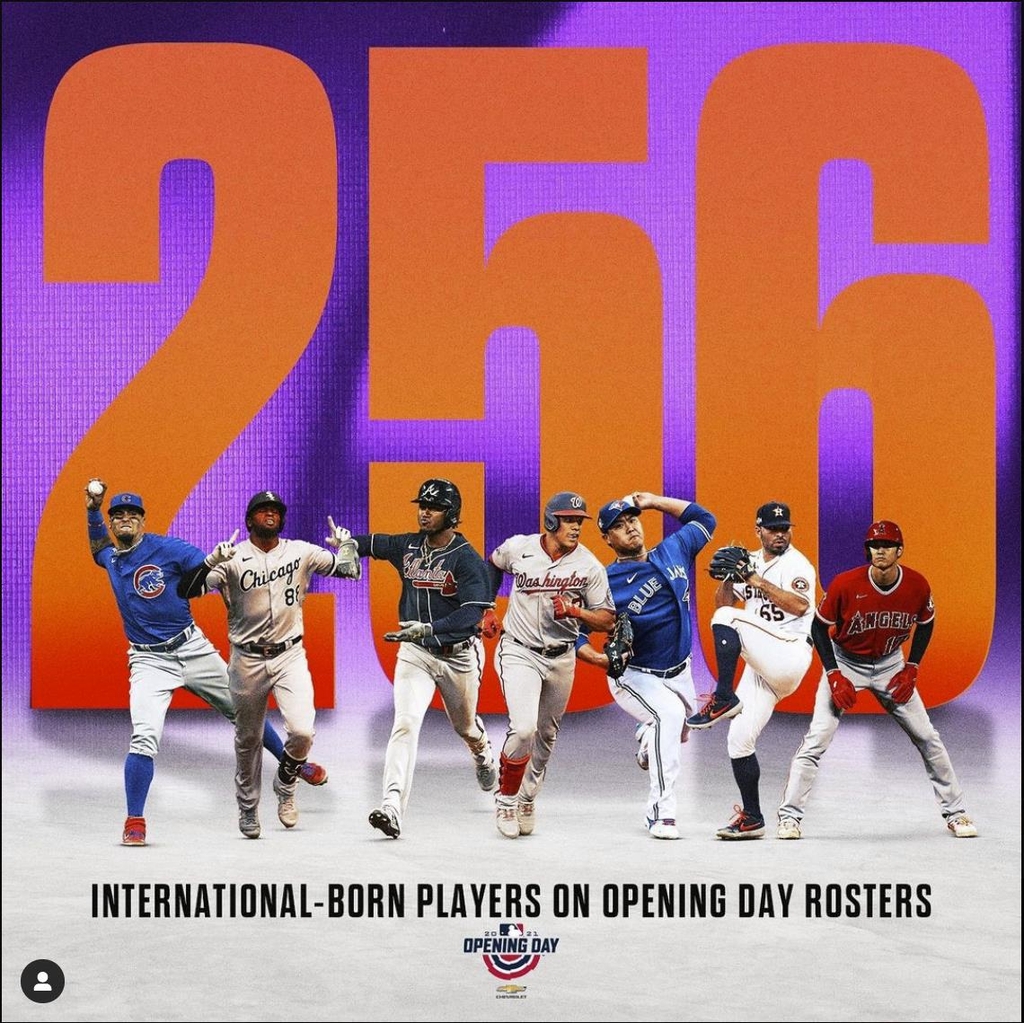 MLB 개막전 로스터 중 미국외 국적 선수 256명. 오른쪽에서 세 번째는 류현진 