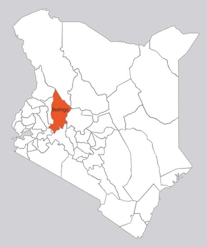 케냐 중서부 바링고 지역이 표시된 지도