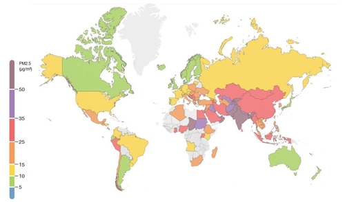 세계 초미세먼지(PM2.5) 농도 지도 