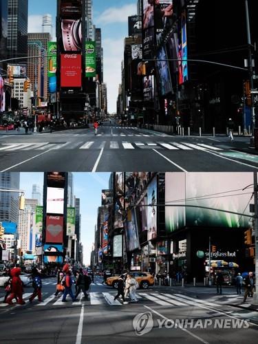 Times Square, Nova York, EUA, março de 2020 (topo) e março de 2022