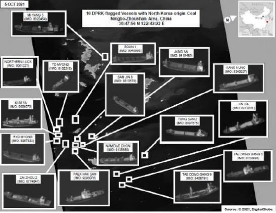작년 10월 중국 닝보-저우산항에서 포착된 북한의 석탄 수출 선박들