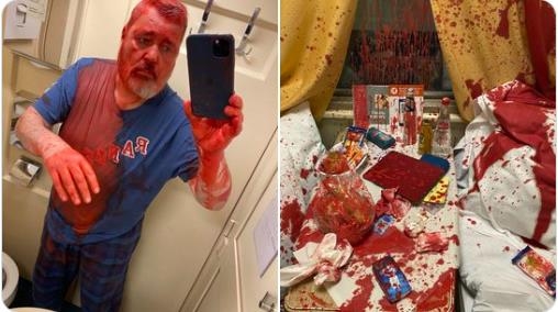 무라토프가 붉은 페인트로 공격받은 모습(왼쪽)과 붉게 얼룩진 열차의 침대칸. [트위터 캡처. 재판매 및 DB 금지]
