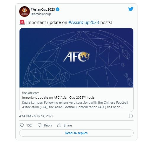 [중국의 2023년 아시안컵 개최권 반납 소식을 전한 AFC.