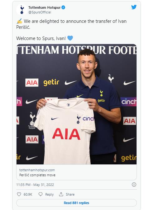 Perisic signed with Tottenham Hotspur.