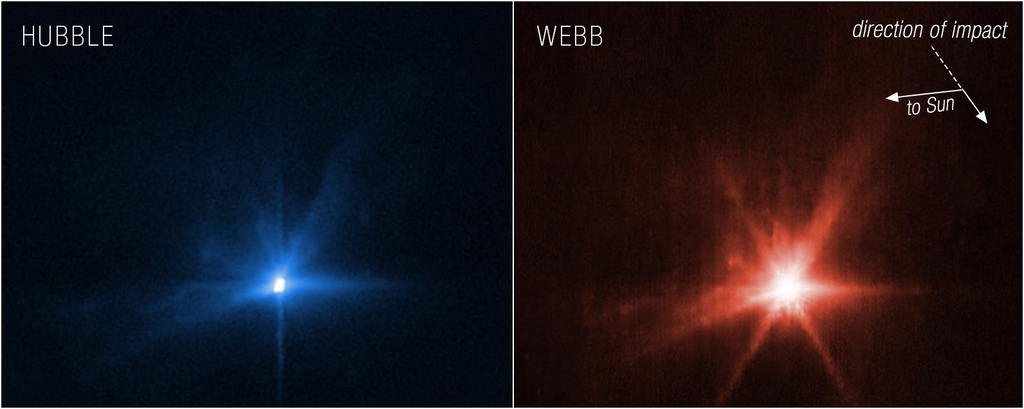 허블(왼쪽)과 웹 망원경이 포착한 DART 우주선 충돌 이후 이미지