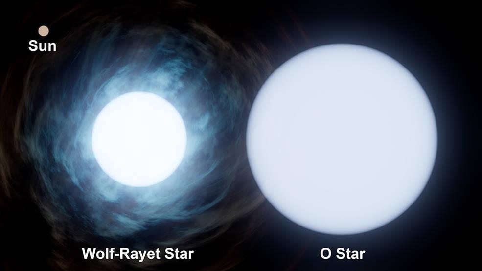 Comparação de tamanho do Sol, estrelas Wolf-Rayet e estrelas do tipo O que compõem o WR-140 