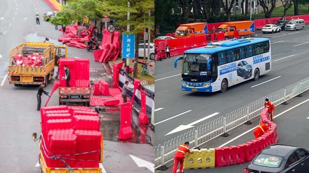 차량 통제용 도로 가림막 철거하는 광저우 