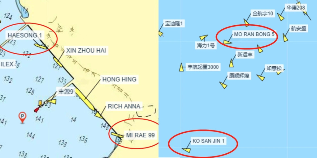 다롄 베이량항(왼쪽)과 외항에 정박 중인 북한 선박들