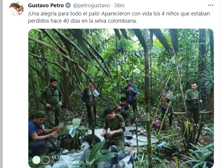 아마존 정글에서 아이들 4명의 구조 소식을 알리는 콜롬비아 대통령 트윗