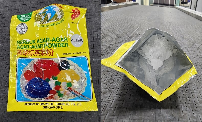 필로폰이 은닉된 푸딩파우더 포장재 사진(왼쪽)과 필로폰이 은닉된 내부 모습(오른쪽)