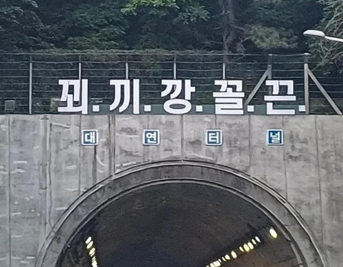 '꾀끼깡꼴끈' 부산 번영로 터널 위에 등장한 황당 문구(종합)