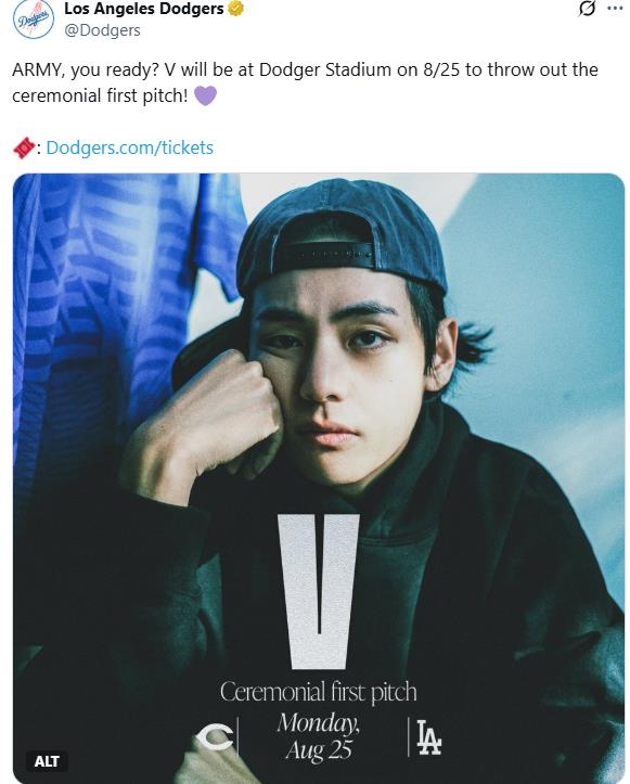 BTS 뷔가 시구한다고 알린 LA 다저스 SNS 게시물