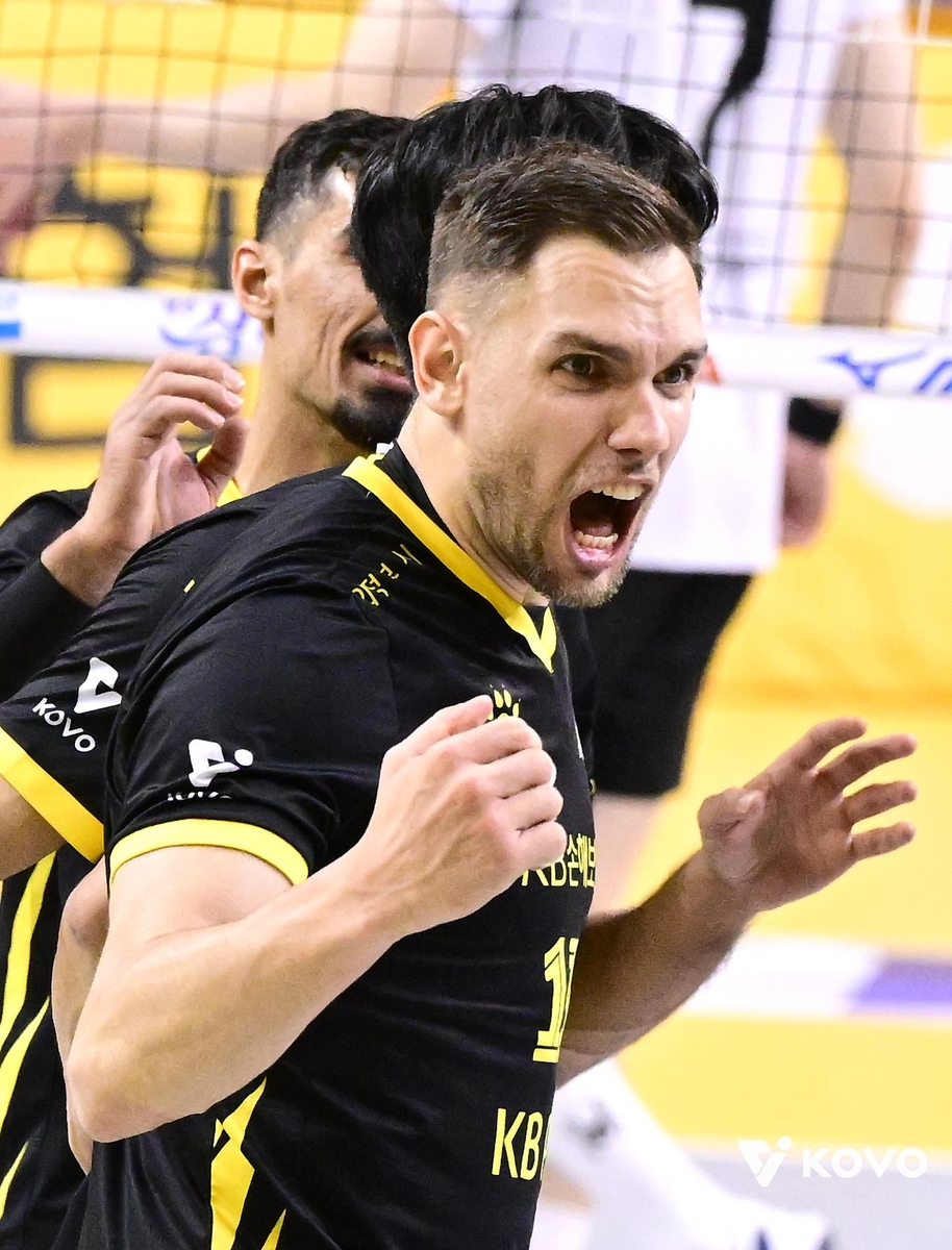 득점 후 기뻐하는 KB손해보험의 비예나