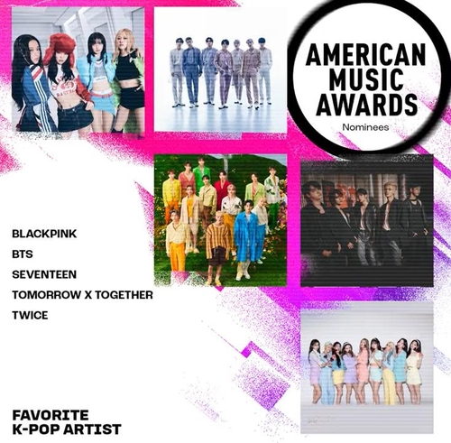 La imagen, capturada de la cuenta de Twitter de los American Music Awards 2022, muestra a los nominados a artista favorito de K-pop. (Prohibida su reventa y archivo)