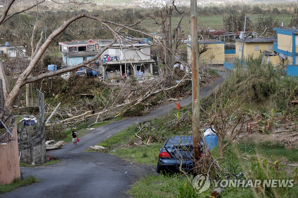 2017년 허리케인 마리아가 휩쓸고 지나간 푸에르토리코의 한 마을. 집이 부서지고 나무가 쓰러졌다.