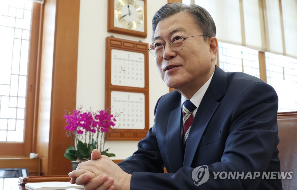 President Moon Jae-in is photographed after taking part in a written interview with Yonhap News Agency and seven other news services from around the world at Cheong Wa Dae in Seoul. (Pool photo) (Yonhap)